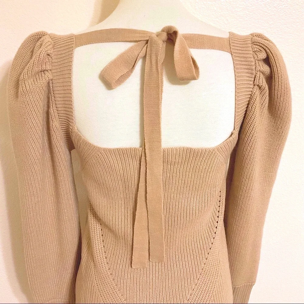 WAYF Leland Tie Back Puff Sleeve Sweater Camel M
